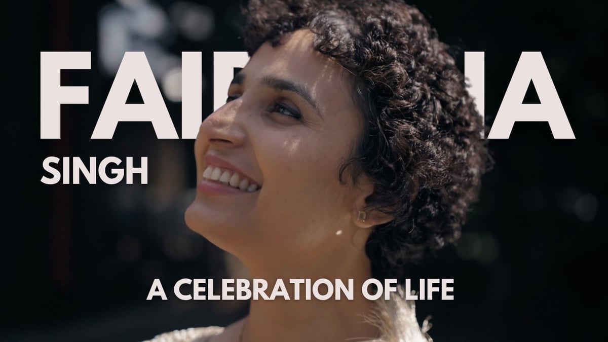 Smiling woman with curly hair labeled Faira Singh, with text reading A Celebration of Life