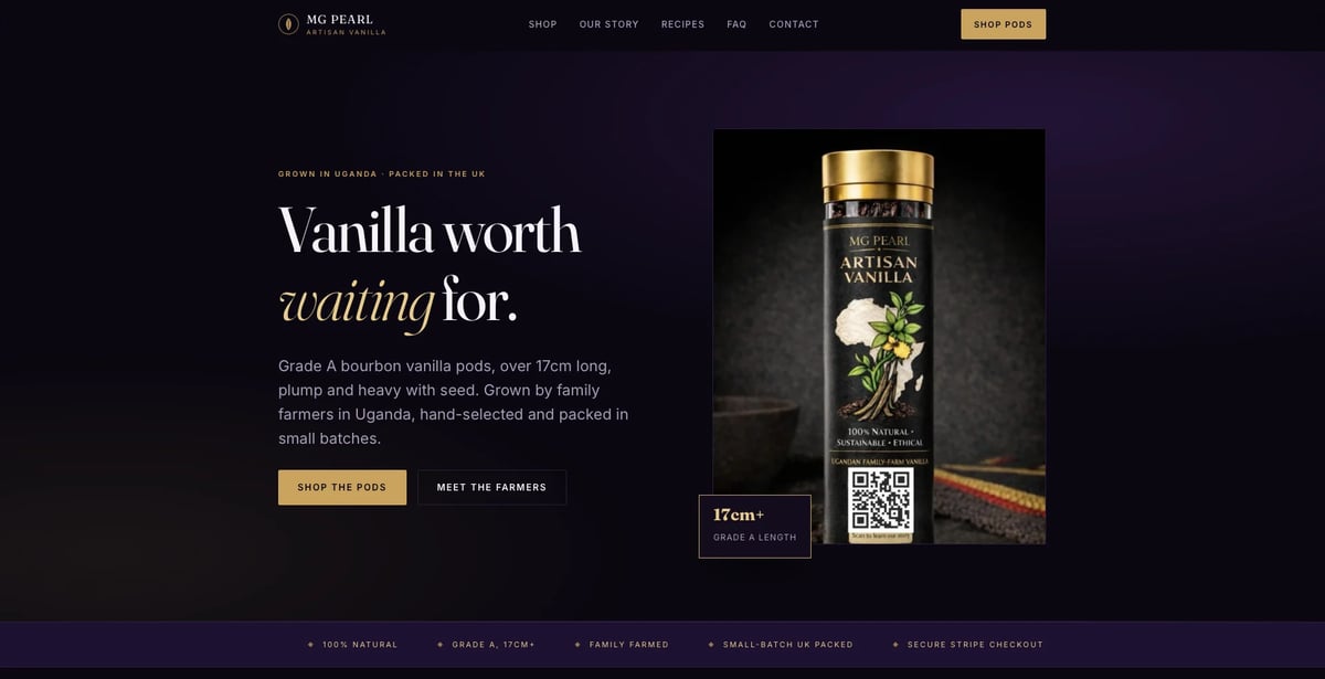 Premium vanilla extract product page showing an ornate glass bottle with gold label on dark purple background with promotional text and QR code