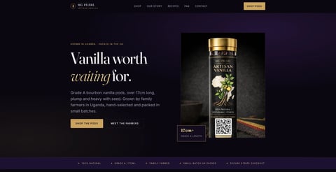 Premium vanilla extract product page showing an ornate glass bottle with gold label on dark purple background with promotional text and QR code
