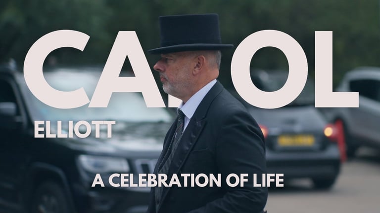 Man in formal attire and top hat walking in a parking lot, with text reading Carol Elliott and A Celebration of Life